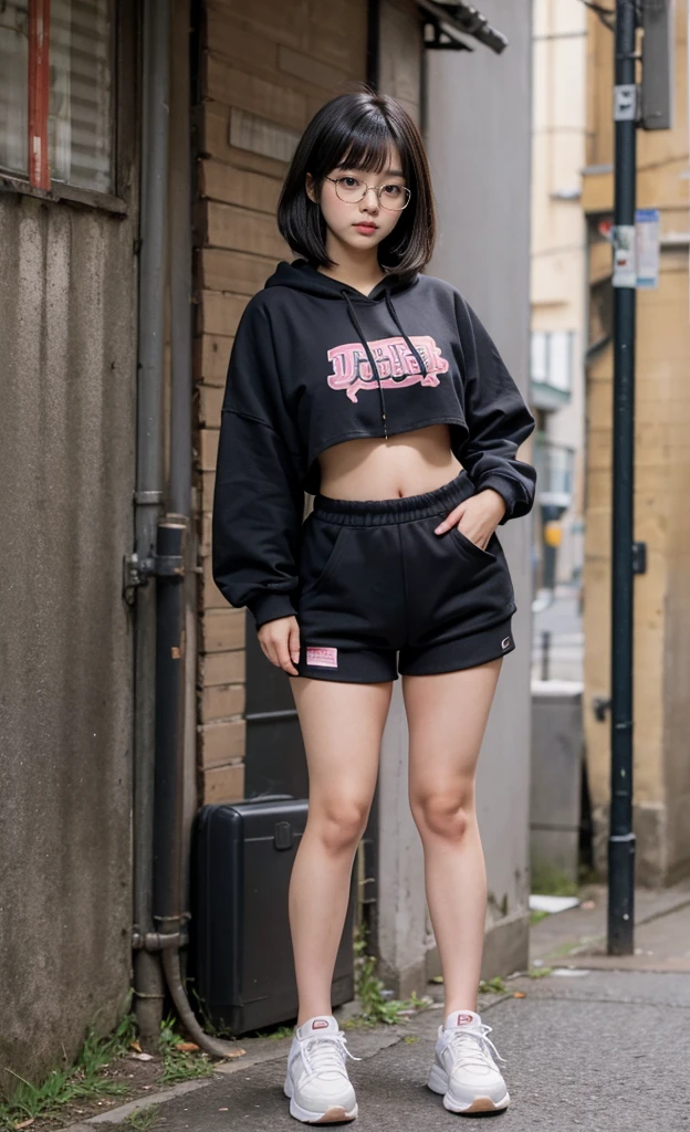 detailed_background, realistic, full body, 1girl, eye glasses, blushes, dark alley, black hair, straight bob hair, bangs, cleavage, big bust, small waist, bare legs, thighs, thicc_thights, knees, sneakers, crop top hoodie, 