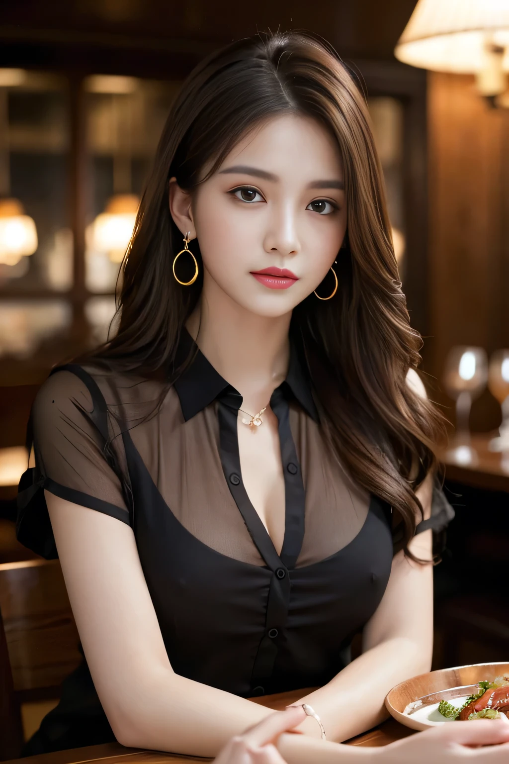 masterpiece, highest quality, Realistic, Very detailed, Finer details, High resolution, 8k wallpaper, One beautiful woman, Wear a black see-through shirt, In a great restaurant, At night, Light brown messy hair, Perfect dynamic composition, Beautiful and beautiful eyes、Big earrings