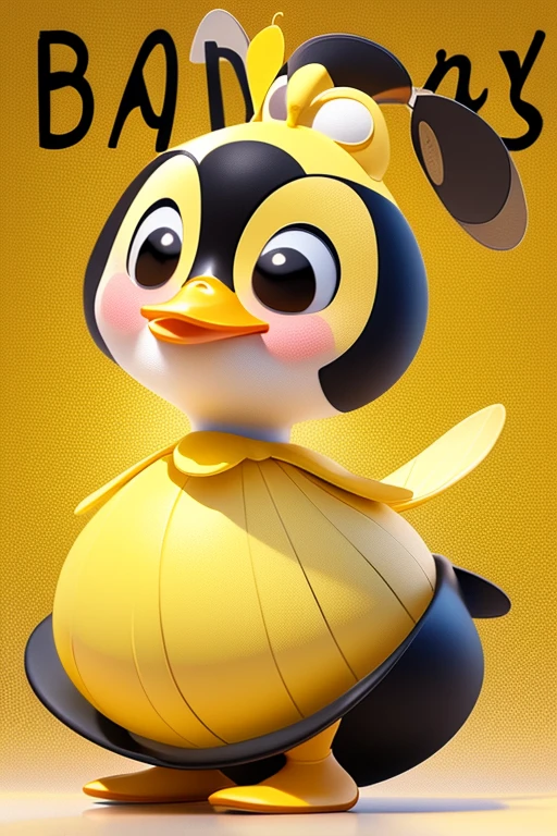 create an image of a beautiful and happy baby duck dressed as a bee with a skirt and with lines in black and yellow colors in Pixar format. put the name: "Patytos de Layme" in 3D