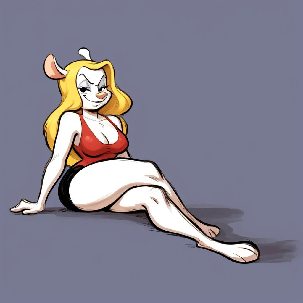 Minvera mink from Animaniacs, wearing black swimming shorts, yellow girl hair, red one piece swimsuit, sitting down with crossed legs, has thick thighs, smug expression, high quality, crisp, 1girl,