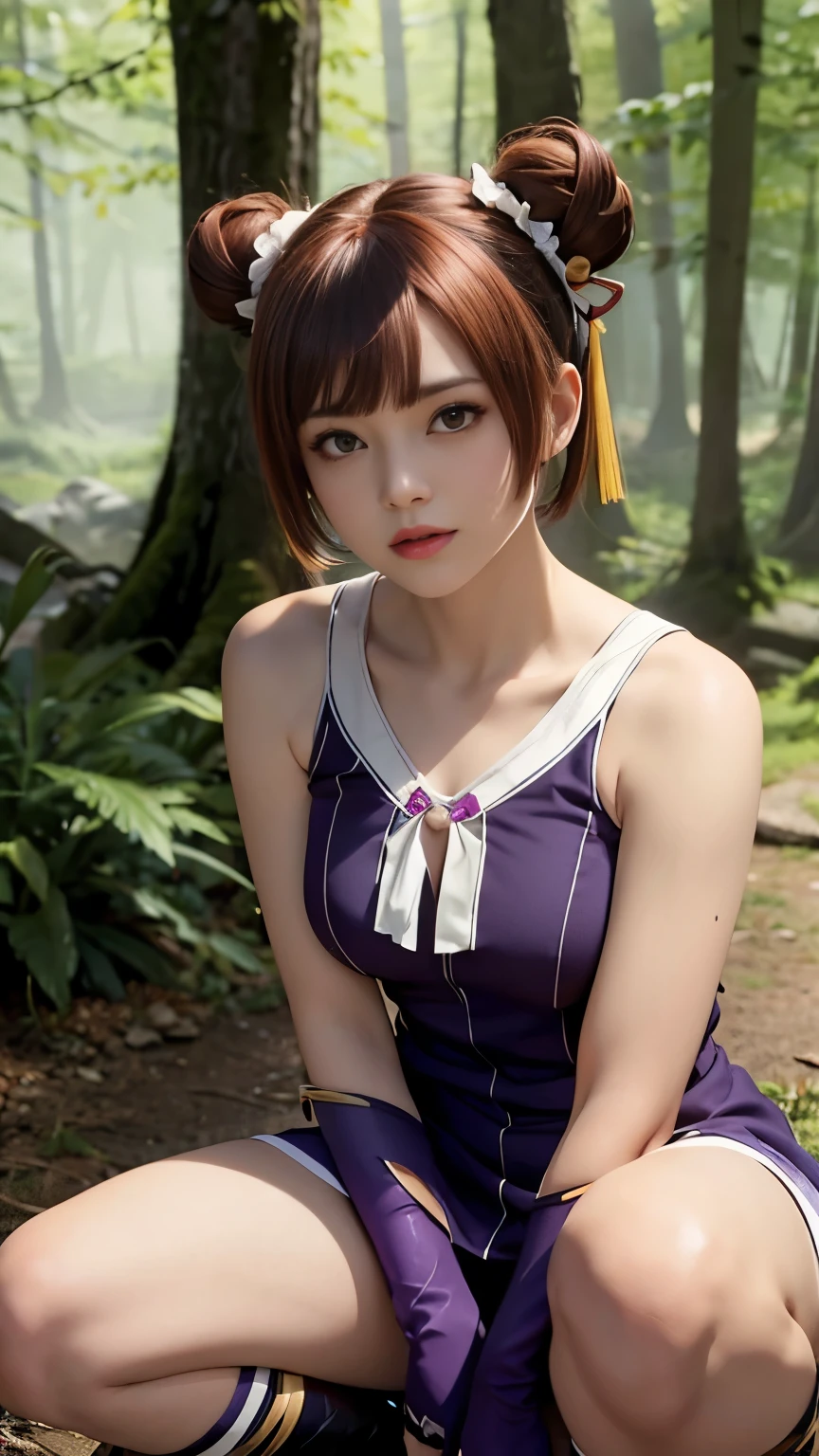 LAUFEN,SHORT orange HAIR,DOUBLE BUN,BLUNT BANGS,HAIR ORNAMENT,BROWN EYES,BARE SHOULDERS,HALTERNECK,RIBBON,DRESS,PURPLE DRESS,SLEEVELESS,ELBOW GLOVES,PURPLE GLOVES,FINGERLESS GLOVES,BOOTS,KNEE BOOTS, deep forest,(in the forest),Steely face, battle-ready
