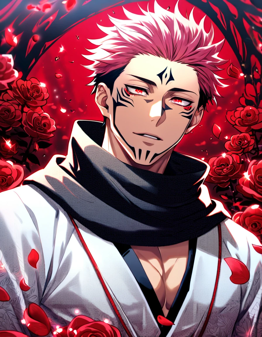 Ultra detailed, Highres, absurdres, HDR, Ryomen Sukuna, pink hair, expressive red eyes, black scarf with patterns, white kimono, Jujutsu Kaisen, glittering red butterflies, petals, handsome, sexy man, solo, very detailed eyes and face, master piece, toned chest, glittering, red flowers, fantasy, red forest,