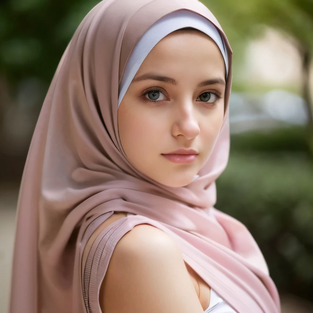 18 year old Polish woman in hijab , mujer sumamente hermosa pero provocativa , ( y ,NSFW ), seductive eyes but feeling guilty. Sentada sobre su cama  , haciendo puchero 