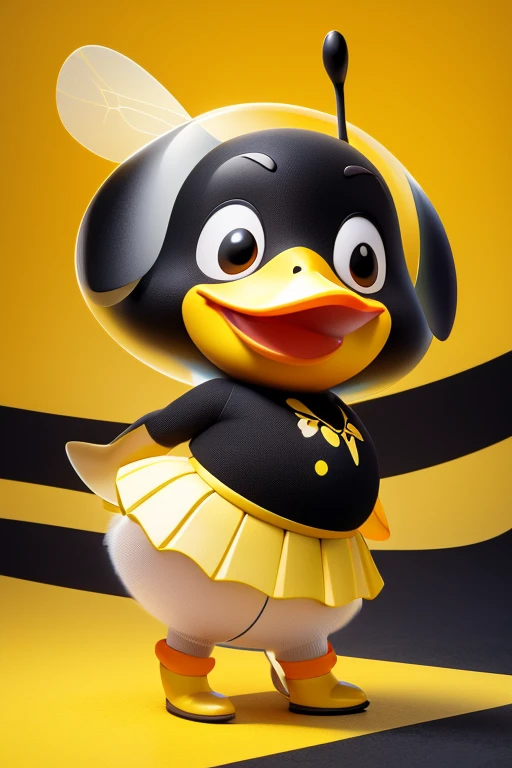 create an image of a beautiful and happy baby duck dressed as a bee with a skirt and with lines in black and yellow colors in Pixar format. put the name: "Patytos de Layme" in 3D
