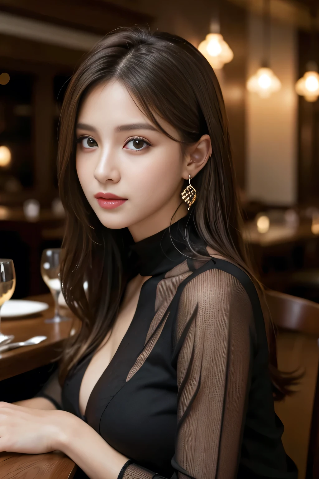 masterpiece, highest quality, Realistic, Very detailed, Finer details, High resolution, 8k wallpaper, One beautiful woman, Wear a black see-through shirt, In a great restaurant, At night, Light brown messy hair, Perfect dynamic composition, Beautiful and beautiful eyes、Big earrings