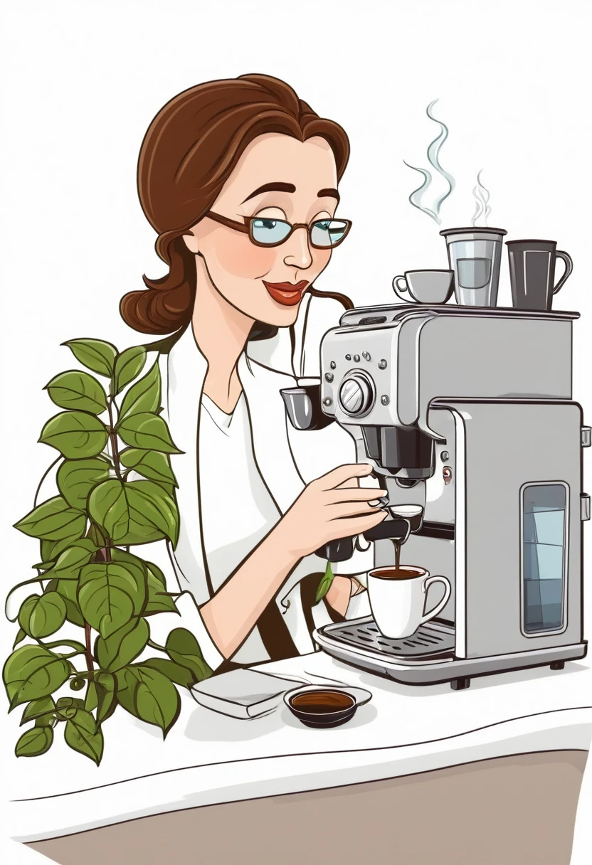 A cartoon coffee plant lady, drinking and preparing a cup of espresso in a coffee machine