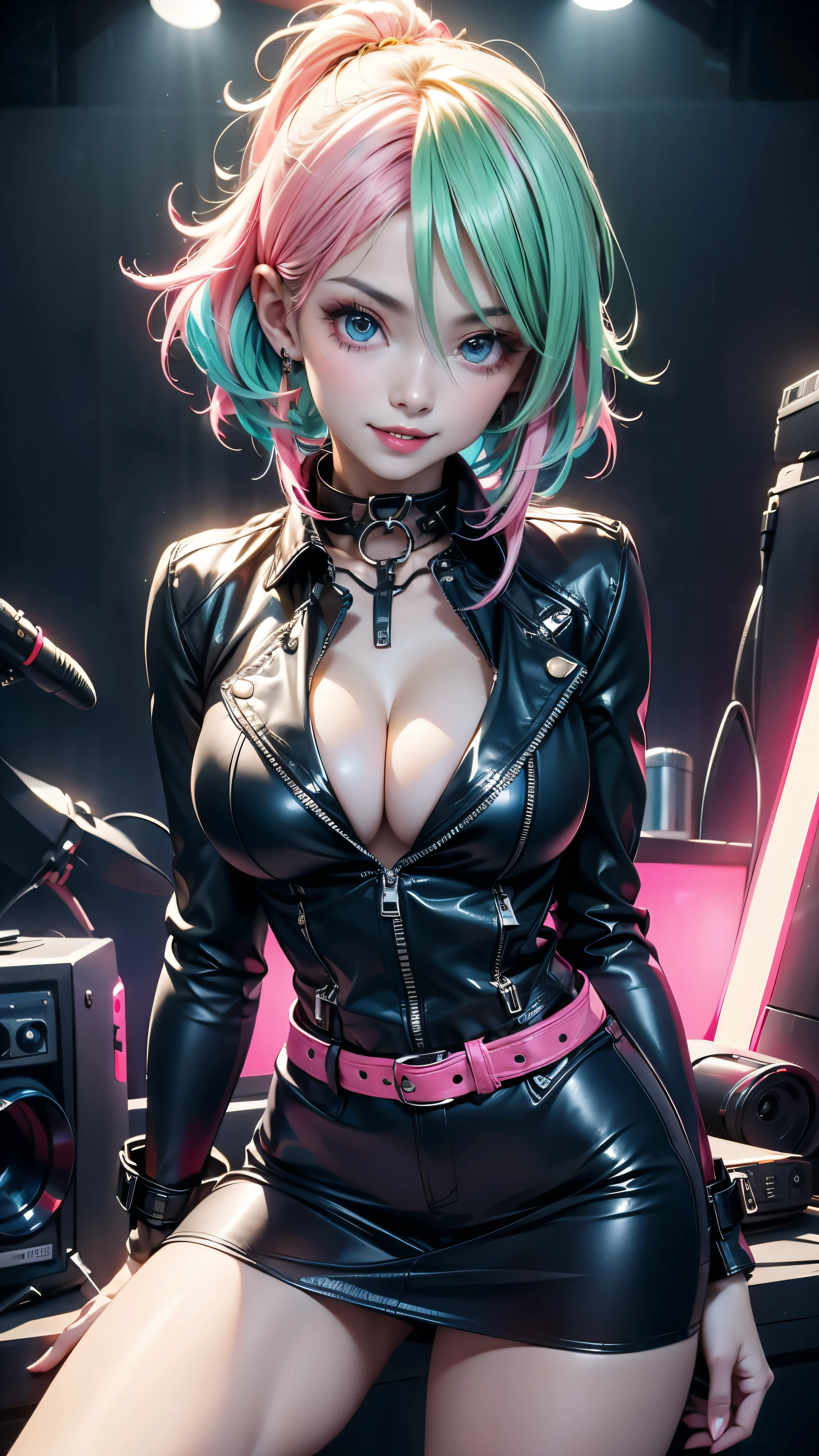 (((Only 1 woman))), ((high shot)), masterpiece, 8k, high quality, ultra detailed, anime style, CG Unity, beautiful anime woman, ((30 years old, rockstar)), (((pale skin: 1.3))), wearing sexy (((leather outfit, miniskirt))), (((cleavage: 1.3))), (((green and pink hair))), blue eyes, ((perfect body)), (((breasts:1, waist:1.1, hips:0.9, toned legs:1))), looking directly to camera, sexy gaze, sexy smile, ((lucious lips)), (((sexy pose))), it is an (((artificial lighted scene))) in a rock stage club