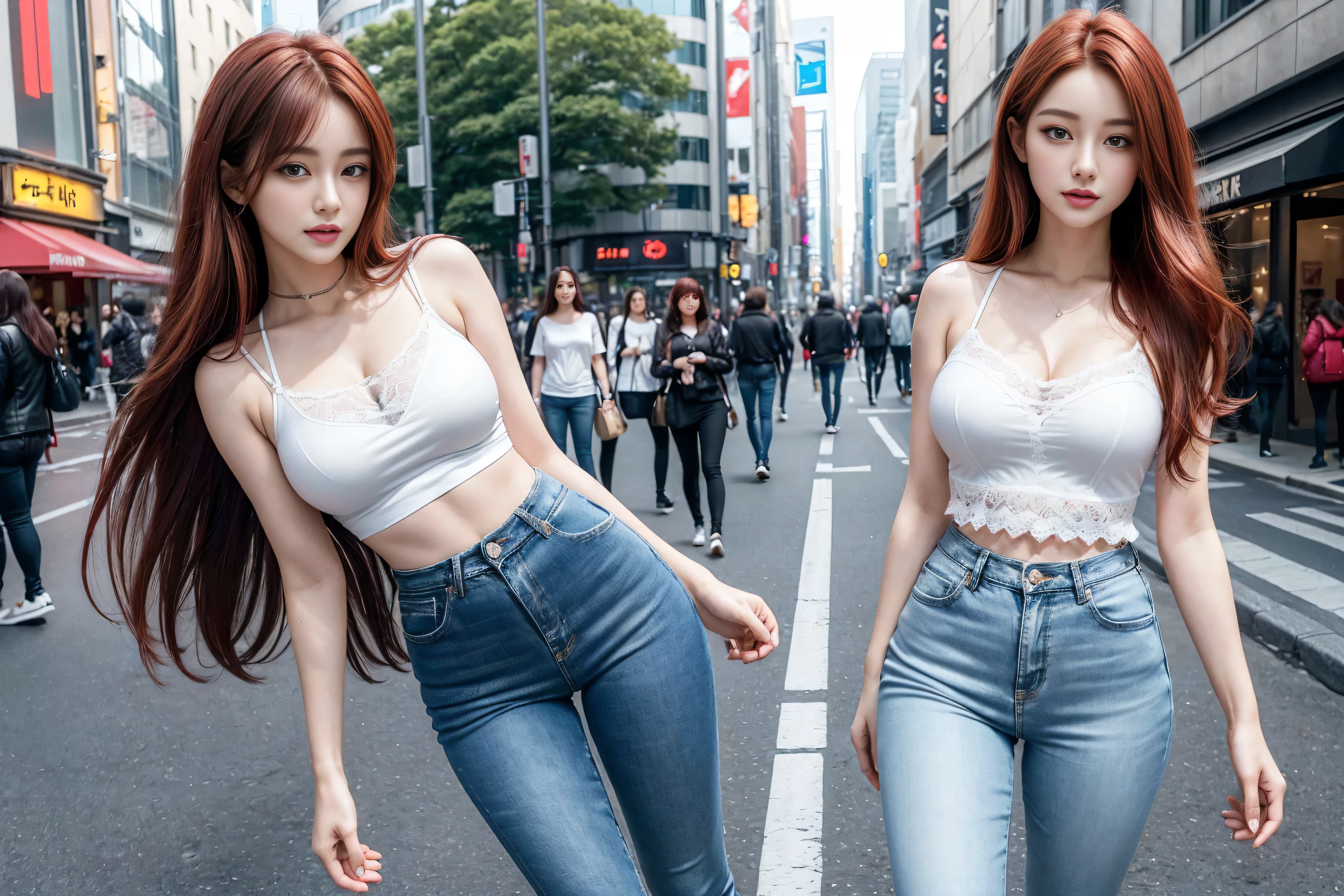 ((Realistic lighting, best quality, 8K, masterpiece:1.3)), Lock focus:1.2, Beautiful woman with perfect figure:1.4, 3 beautiful Korean girls, Korean pop idol,Leg length,(Pale skin), (big eyes),(Smile:0.8),(Plump and sexy lips), Complex and detailed face, ((Super delicate skin)),Delicate face,Ultra-thin face,Fine Eyes,Double eyelids,((Dark red hair)), (White lace underwear:1.4),Background Shibuya street,Large depth of field,Ultra-thin face,Fine Eyes,Double eyelids,(Start from below:1.attitude,(Mid-chest:1.2),Sexy long legs, (Thigh gap:1.5),Wide hips,S-Shaped Body, Hips lifted,Leg length,Light blue skinny jeans,Full body proportions from the front,Over-the-knee leather boots,