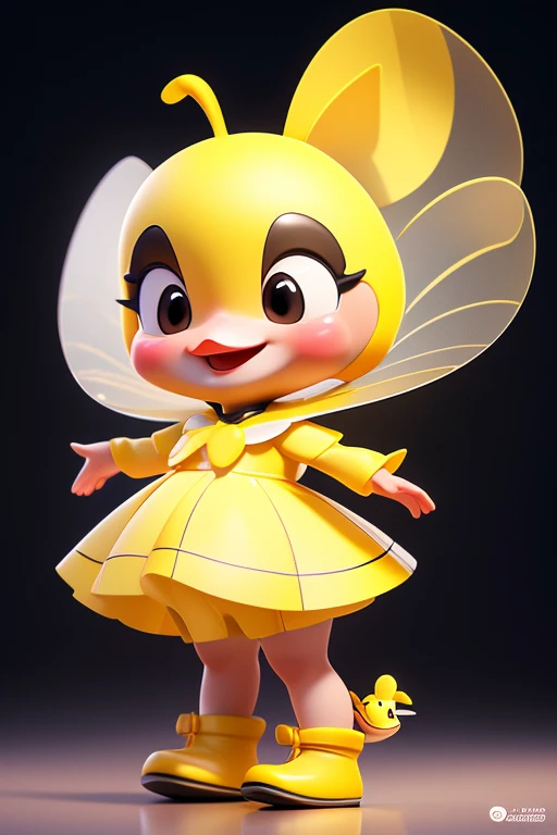 create an image of a beautiful and happy  duck dressed as a bee with a skirt and with lines in black and yellow colors in Pixar format. put the name: "Patytos de Layme" in 3D