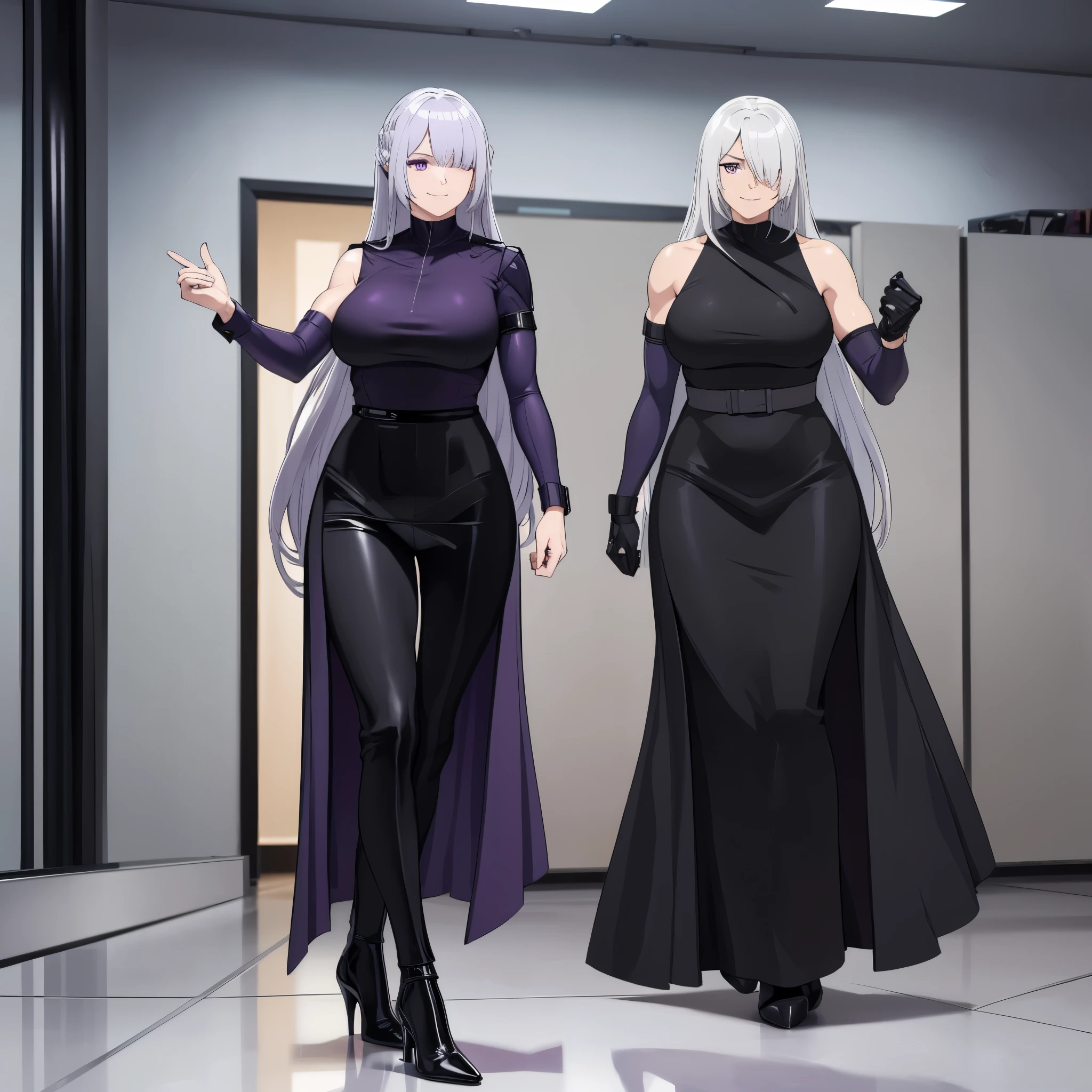 A woman wearing a black dress, walking in a chic room, white wall, gray marble floor, long silver hair, purple eyes, smiling, muscular, black heels, blurred background, bokeh effect, stereogram, tachi- e, atmospheric point of view, high detail, luminism, hyperrealism, brightness, 8k, super detail, accurate, best quality, high resolution, award-winning, anatomically correct
