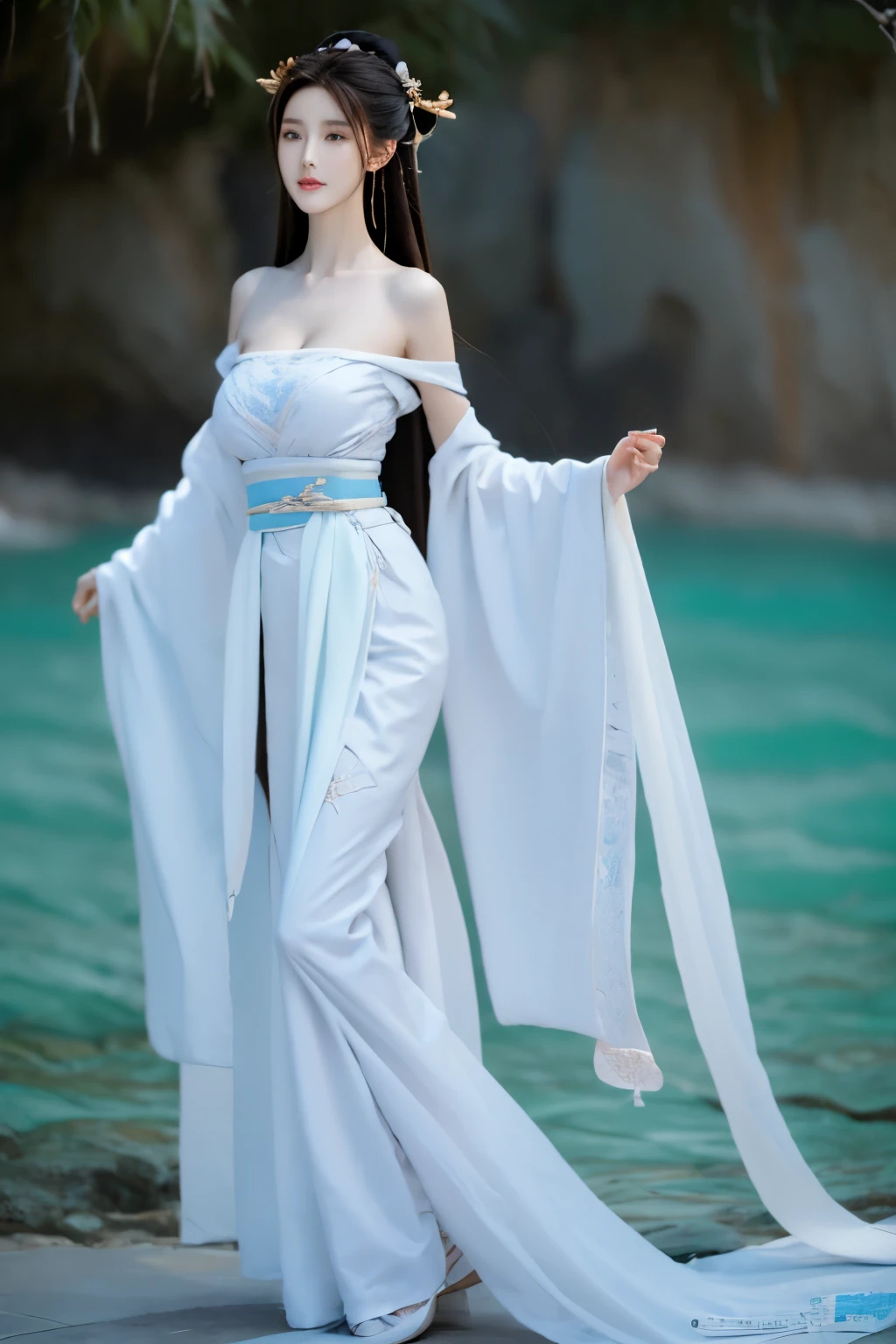 Beautiful woman with perfect body：1.4，Layered Hairstyle，Prominent cleavage，Highly detailed face and skin textures，Double eyelids，Skin Whitening，Long hair，Whitened long legs，（Hanfu）Standing by the sea