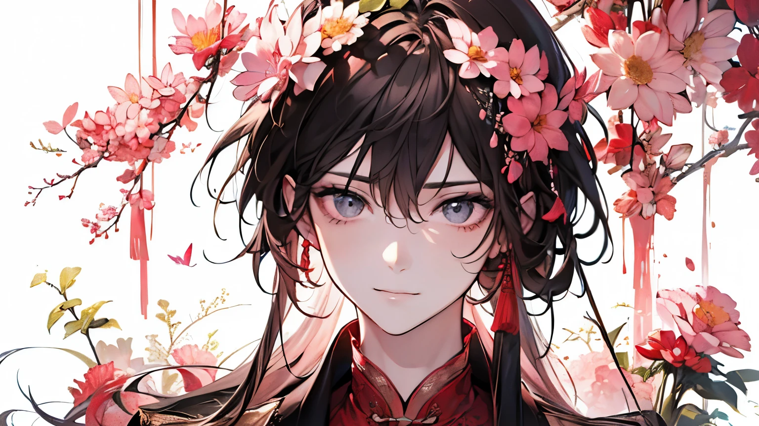 (old male:1.45)、(masterpiece、highest quality、highest quality、Beautiful and beautiful:1.2)、(Good anatomy:1.5)、Painting of a male with milky black hair、Shy smile、Sparkling Eyes、(dark eyes)、looking at the camera、Emerging from among the flowers and leaves、(sunny days:1.45)、(pink、red、black:1.2)、(Chinese concept:1.25)、A gentle smile