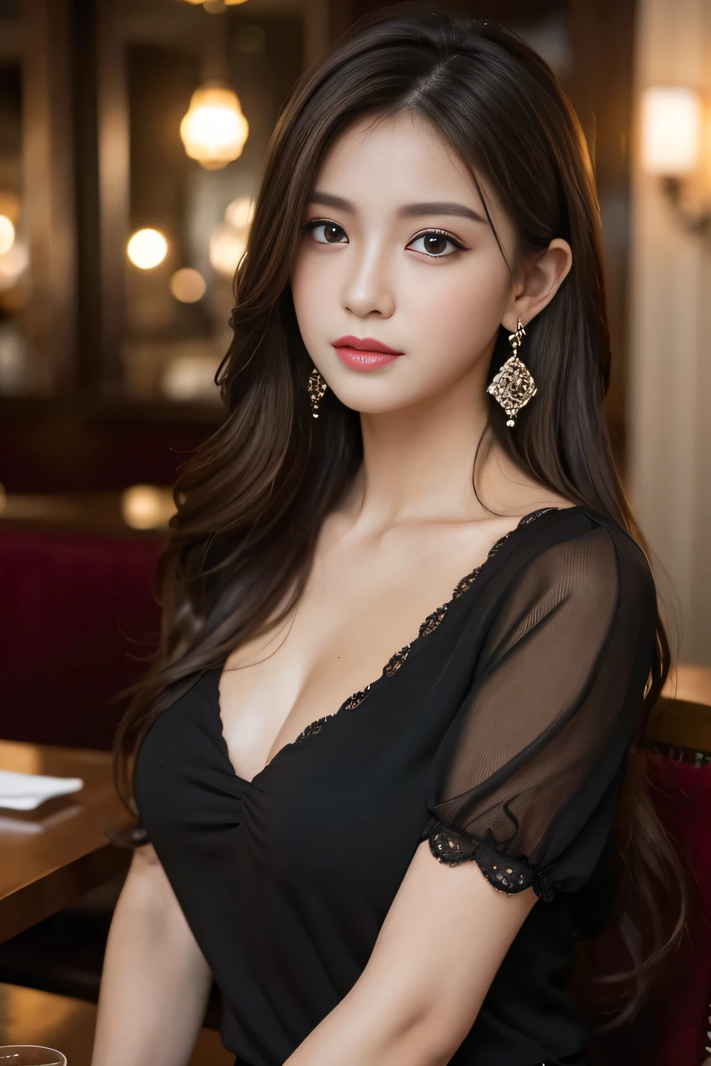 masterpiece, highest quality, Realistic, Very detailed, Finer details, High resolution, 8k wallpaper, One beautiful woman, Wear a black see-through shirt, In a great restaurant, At night, Light brown messy hair, Perfect dynamic composition, Beautiful and beautiful eyes、Big earrings