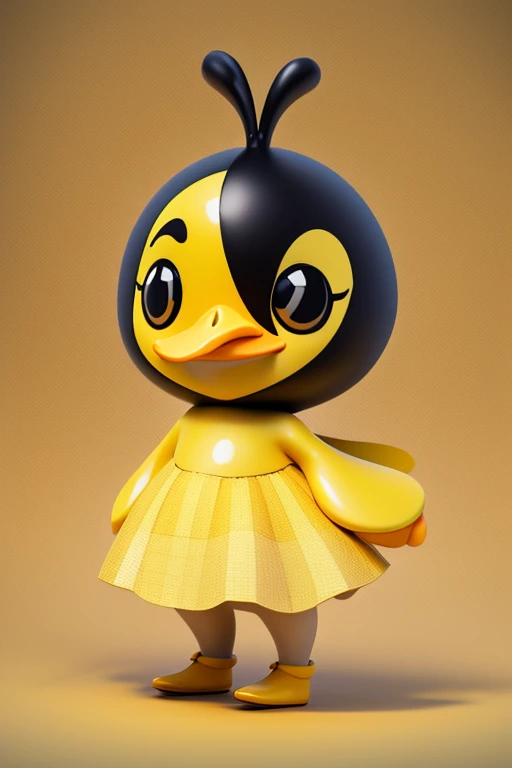 create an image of a beautiful and happy baby duck dressed as a bee with a skirt and with lines in black and yellow colors in Pixar format. put the name: "Patytos de Layme" in 3D
