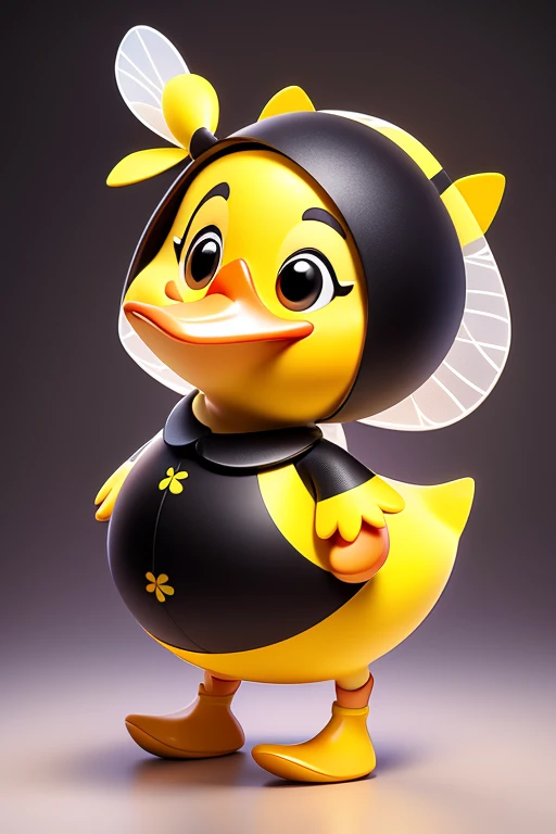 create an image of a beautiful and happy baby duck dressed as a bee with a skirt and with lines in black and yellow colors in Pixar format. put the name: "Patytos de Layme" in 3D