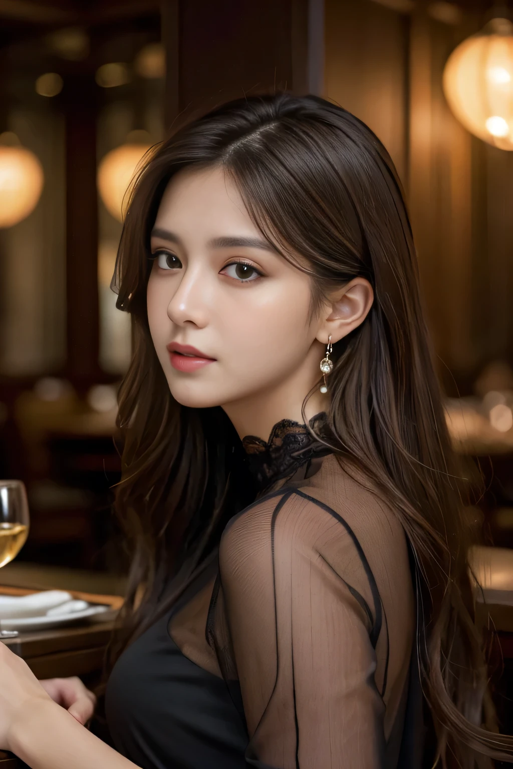 masterpiece, highest quality, Realistic, Very detailed, Finer details, High resolution, 8k wallpaper, One beautiful woman, Wear a black see-through shirt, In a great restaurant, At night, Light brown messy hair, Perfect dynamic composition, Beautiful and beautiful eyes、Big earrings