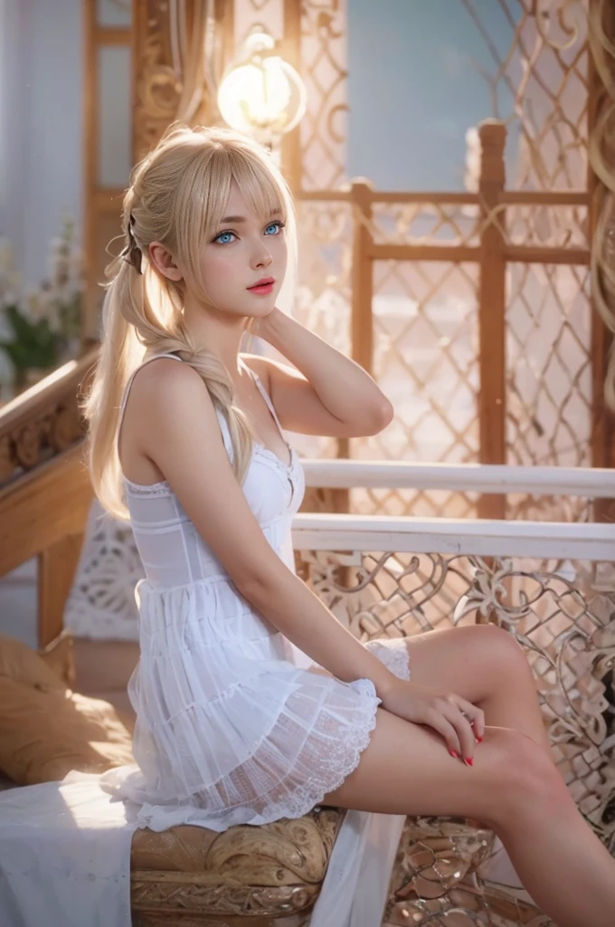 Marie Rose, light blue eyes, (best quality, ultra-detailed), (realistic:1.37), beautiful and detailed face, ultra-realistic texture, delicate face, delicate body, red lipstick, bright colors. High definition, 8k.