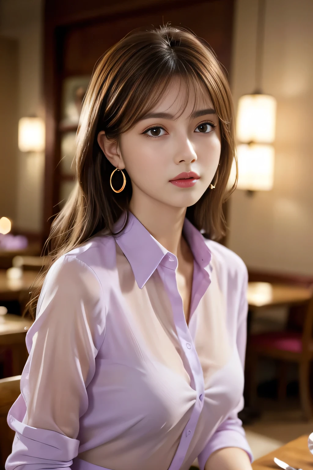 masterpiece, highest quality, Realistic, Very detailed, Finer details, High resolution, 8k wallpaper, One beautiful woman, Wear a light violet see-through shirt, In a great restaurant, At night, Light brown messy hair, Perfect dynamic composition, Beautiful and beautiful eyes、Big earrings