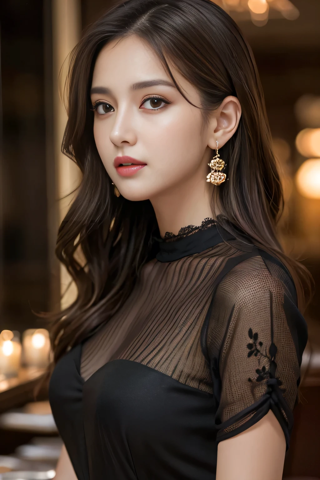 masterpiece, highest quality, Realistic, Very detailed, Finer details, High resolution, 8k wallpaper, One beautiful woman, Wear a black see-through shirt, In a great restaurant, At night, Light brown messy hair, Perfect dynamic composition, Beautiful and beautiful eyes、Big earrings