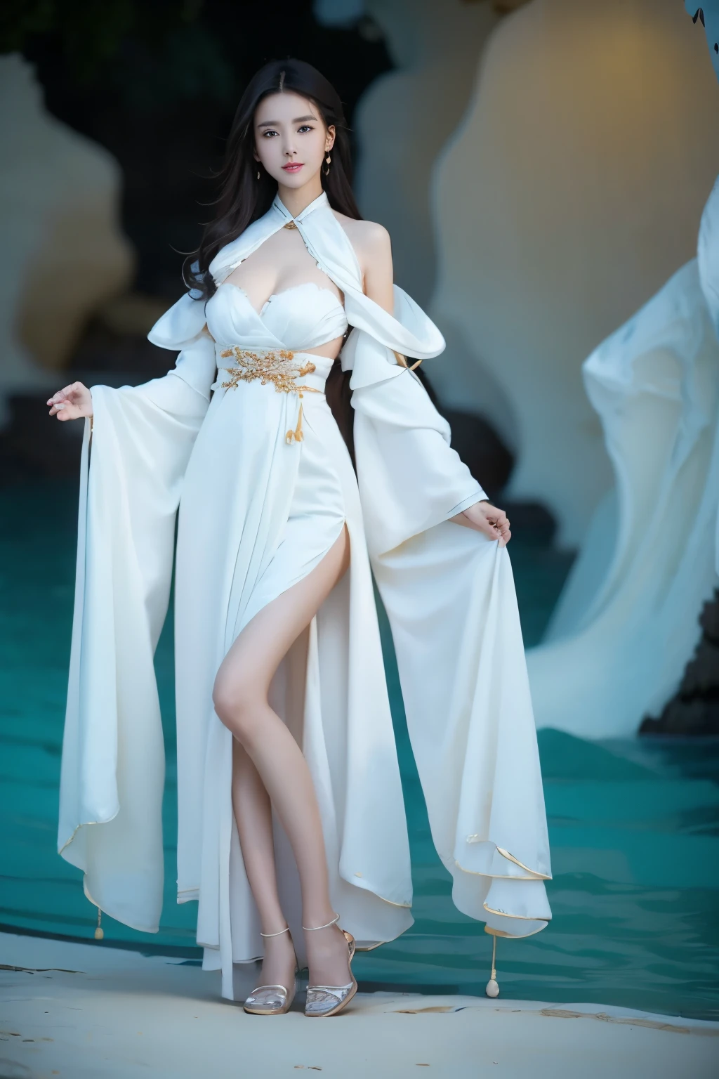 Beautiful woman with perfect body：1.4，Layered Hairstyle，Prominent cleavage，Highly detailed face and skin textures，Double eyelids，Skin Whitening，Long hair，Whitened long legs，（Hanfu）Standing by the sea