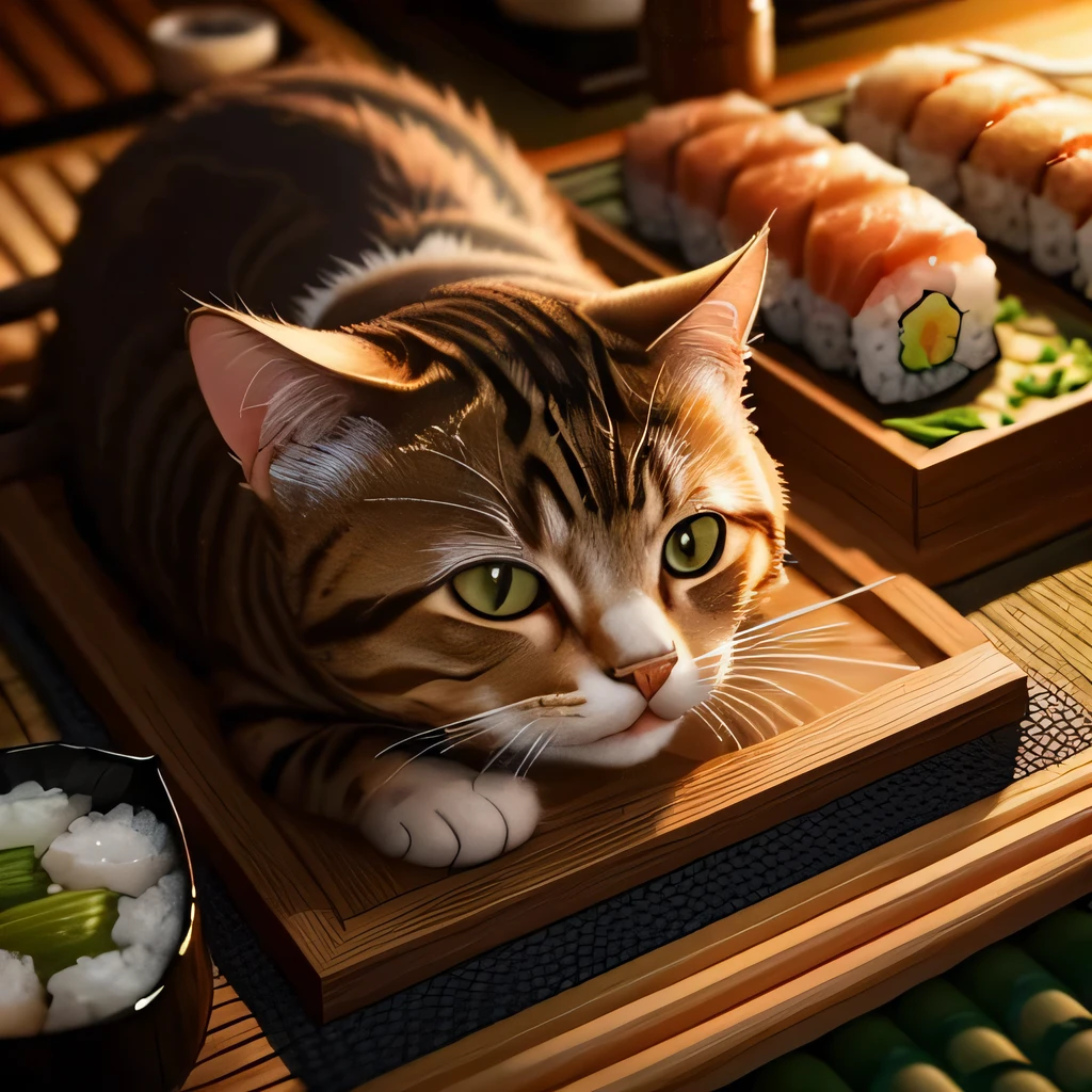 TOP quality,8K, masterpiece, (realistic:1.2), (cat:1.2), (izakaya:1.3),(sushi:1.1)