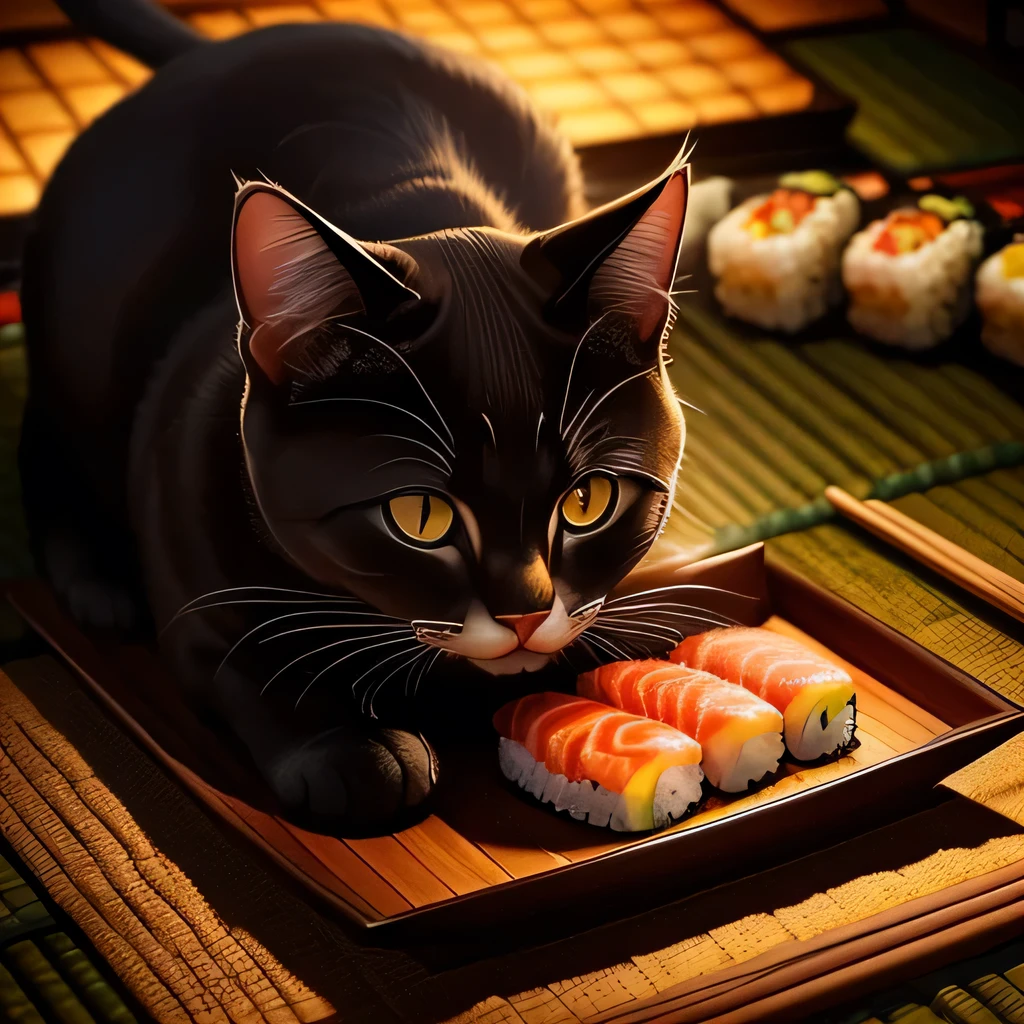 TOP quality,8K, masterpiece, (realistic:1.2), (cat:1.2), (izakaya:1.3),(sushi:1.1)