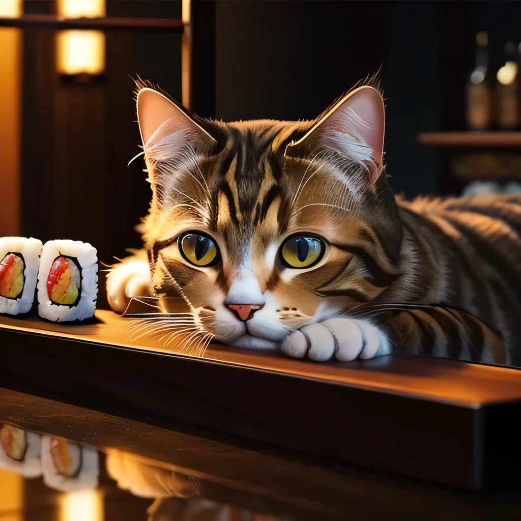 TOP quality,8K, masterpiece, (realistic:1.2), (cat:1.2), (bar:1.3),(sushi:1.1)