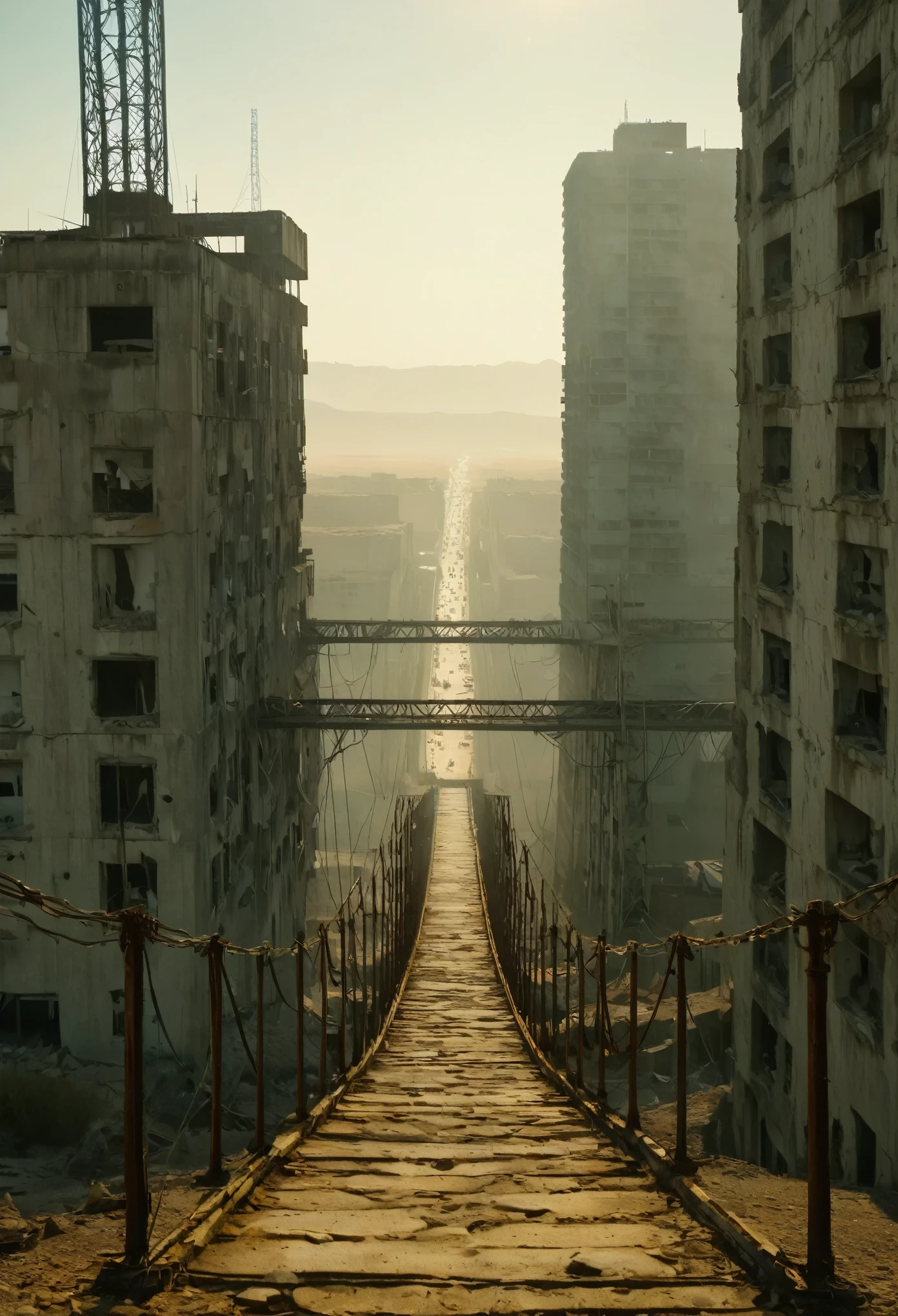 image of the top view of a winding bridge between a tall tower in the center of a post-apocalyptic North American canyon and another building, There are 2 visible planets in the bluish-gray atmosphere, vision of the entire dark desert, there is a reinforced concrete walkway connecting two buildings on the horizon, tem muitos fios de energia pendurados na ponte, high voltage wires falling from the bridge, o deserto tem canyons no horizonte, tall, curved buildings on the horizon and everywhere, has smoky structures, carros abandonados nas ruas, desert megalopolis, tall buildings and collapsing to the ground, many destroyed buildings around, sol da tarde, gray and dark sky, visible sun setting, dark night in the sky, There are 2 visible planets in the bluish-gray atmosphere, TEM UMA GAROTA VESTIDA COM CAPUZ ANDANDO NA RUA, as realistic as possible, As detailed as possible, as realistic as possible, ultra realismo