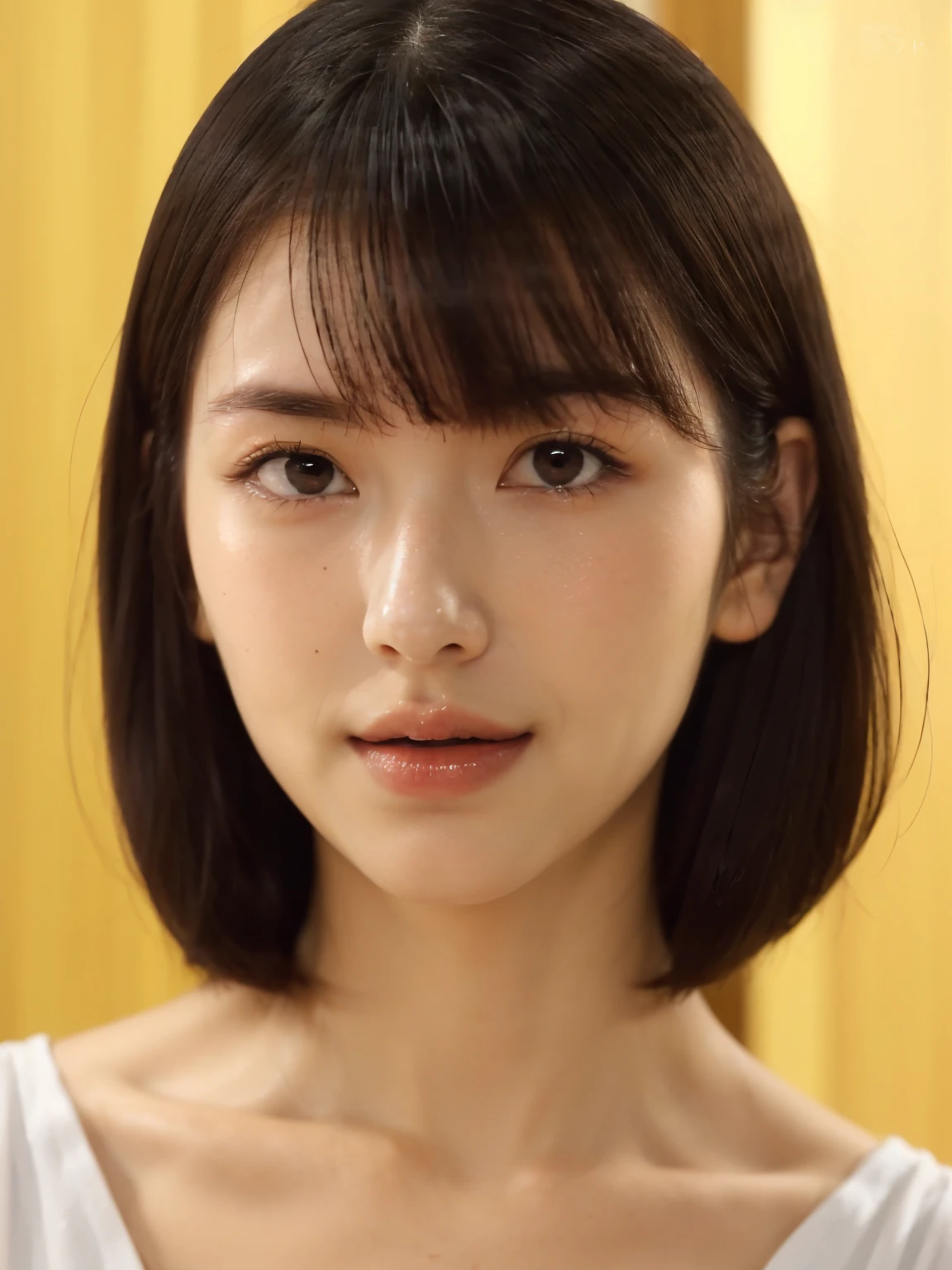 (Representative Works: 1.3), (((masterpiece, Best Quality, Ultra-detailed, ultra high resolution, photorealistic: 1.4, 8K Wallpaper, golden proportions, upper body and chest))), ((Beautiful detailed eyes:1.6, ultra detailed eyes, realistic eyes, symmetrical eyes:1.8, circular iris:1.3)), (eyelashes:1.3, double eyelid:1.6), (8k, photorealistic, raw photos, Highest image quality: 1.4), perfect face, v-line shape:1.1, sharp jawline:1.5, beautiful face, (realistic face),no makeup, natural makeup, light makeup, (Dark brown, short hair: 1.5), beautiful hairstyle, realistic eyes, beautiful detailed eyes, (Photorealistic skin), beautiful skin, golden ratio, Gray background, 20 years girl, dreamy light, Normal hands, Glossy Lips, small mouth, closed mouth, thin lips:0.7, slightly smile:1.6, pale milky white porcelain skin, smooth translucent white skin, Skincare brand photo shoot, Woman with porcelain skin, Soft porcelain skin, Translucent white skin, Clear facial and body skin, Skincare, White porcelain skin, (((short face:0.6, Breasts G cup, Super huge breasts, Big breasts, Busty )))