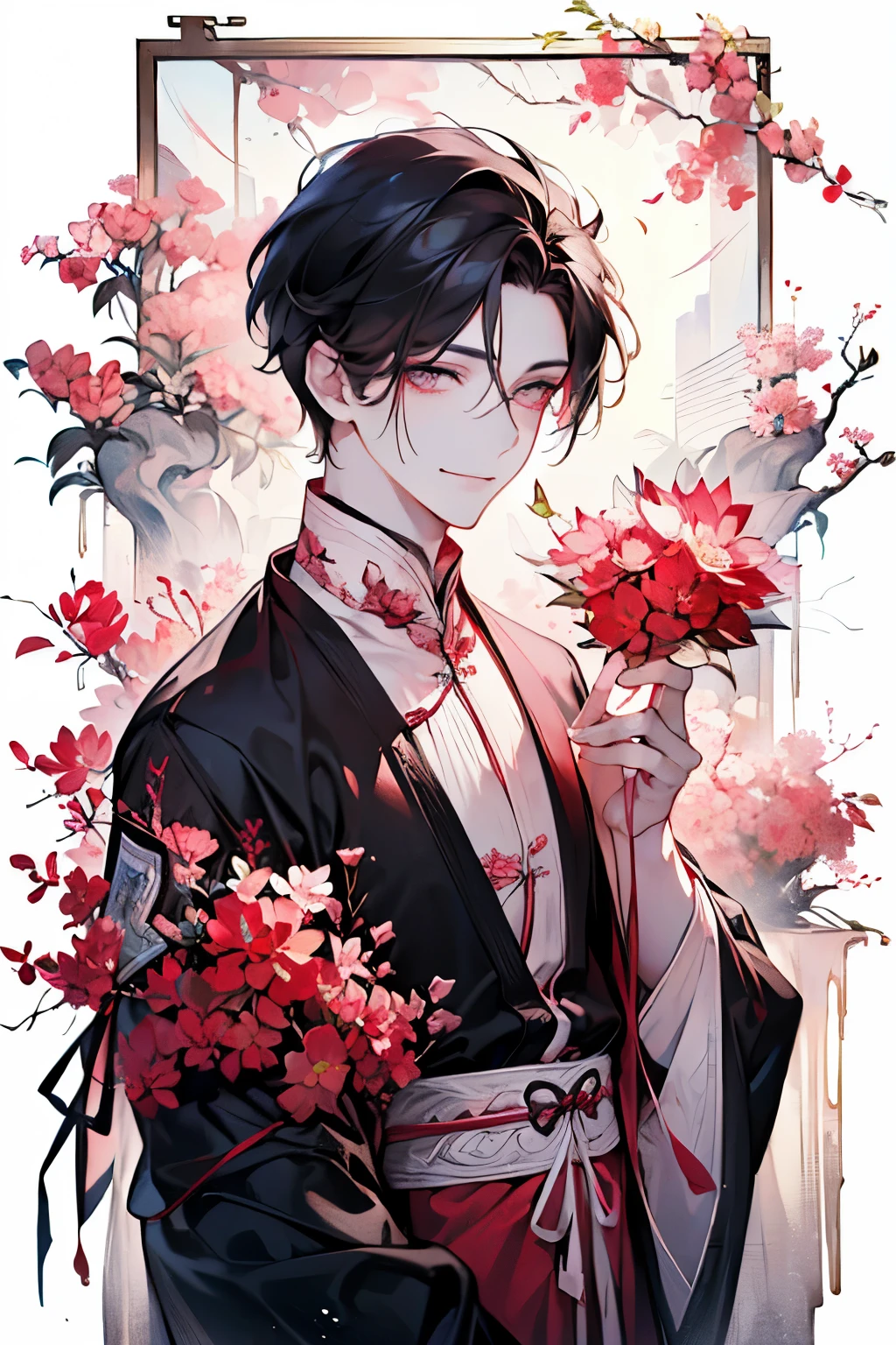 (old male:1.45)、(masterpiece、highest quality、highest quality、Beautiful and beautiful:1.2)、(Good anatomy:1.5)、Painting of a male with milky black hair、Shy smile、Sparkling Eyes、(dark eyes)、looking at the camera、Emerging from among the flowers and leaves、(sunny days:1.45)、(pink、red、black:1.2)、(Chinese concept:1.25)、A gentle smile