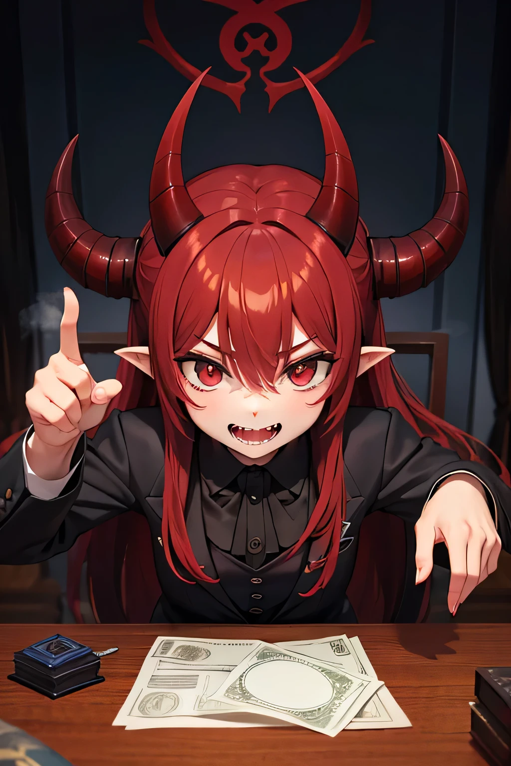 Crie imagem de "Satan loan shark". He must be represented as a demonic and imposing figure, with characteristics of Satan, but with a contemporary touch that reminds us of a loan shark. Classic demonic appearance with red skin, chifres negros curvados e olhos brilhantes, amber color. Traje elegante e moderno: um terno preto bem cortado, gravata vermelha e sapatos de couro brilhantes. Prominent cheekbones and mischievous smile with sharp, pointed teeth. Hands with long, sharp nails holding a stack of money or contracts. Deep environment reminiscent of a luxurious office, with a large mahogany table full of papers, contratos e pilhas de dinheiro. Decorating with subtle infernal elements, como chamas suaves nas paredes, a gargoyle figurine in a corner and moody red lighting. A half-open safe with more money and valuable items visible. Satan must be sitting behind the table, inclinado para frente, com um olhar penetrante e um sorriso sinistro, conveying power and intimidation. One of the hands may be pointing at the viewer or holding a contract, enquanto a outra repousa sobre a pilha de dinheiro. Alguns detalhes sutis que remetem ao inferno, like faint smoke coming from the horns or shadows that seem to move in the background. Facial expression should convey a combination of malevolent charm and implied threat, typical of a loan shark who is about to collect a debt.