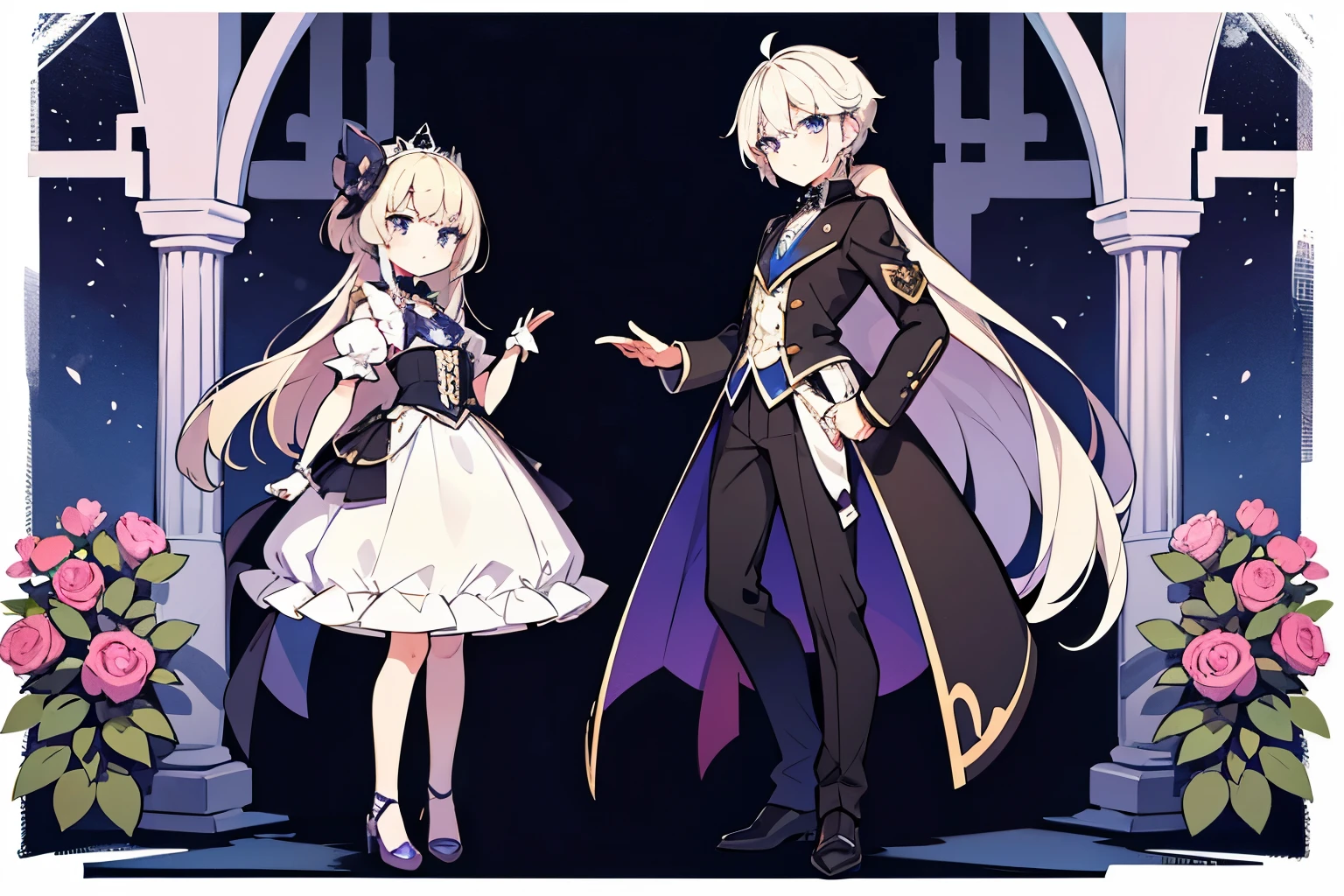 A servant boy with short silver hair and purple eyes,A princess with long platinum blonde hair and blue eyes,Two people standing side by side