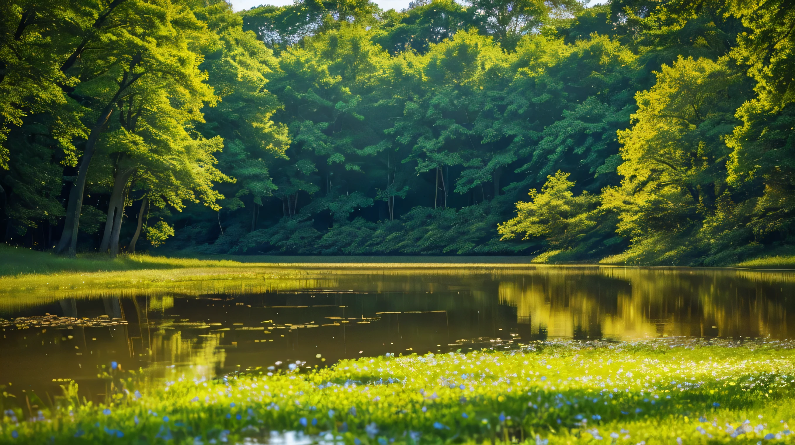 a peaceful forest landscape, lush green trees, rolling hills, a calm lake reflecting the sky, sunlight filtering through the leaves, birds flying overhead, wildflowers blooming, serene atmosphere, detailed foliage, photorealistic, cinematic lighting, vibrant colors, (best quality,4k,8k,highres,masterpiece:1.2),ultra-detailed,(realistic,photorealistic,photo-realistic:1.37)