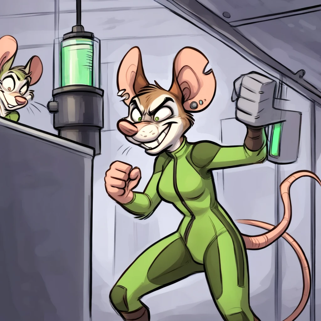 1girl, (anthro furry:1.4), SDJuliaMouse, (mouse, snout, buckteeth, ear piercing, notched ear), (bodysuit, evil grin, constricted pupils, fist, green eyeshadow), (standing, laboratory), (by wildblur), ((best quality:1.4), highres, crisp clean),