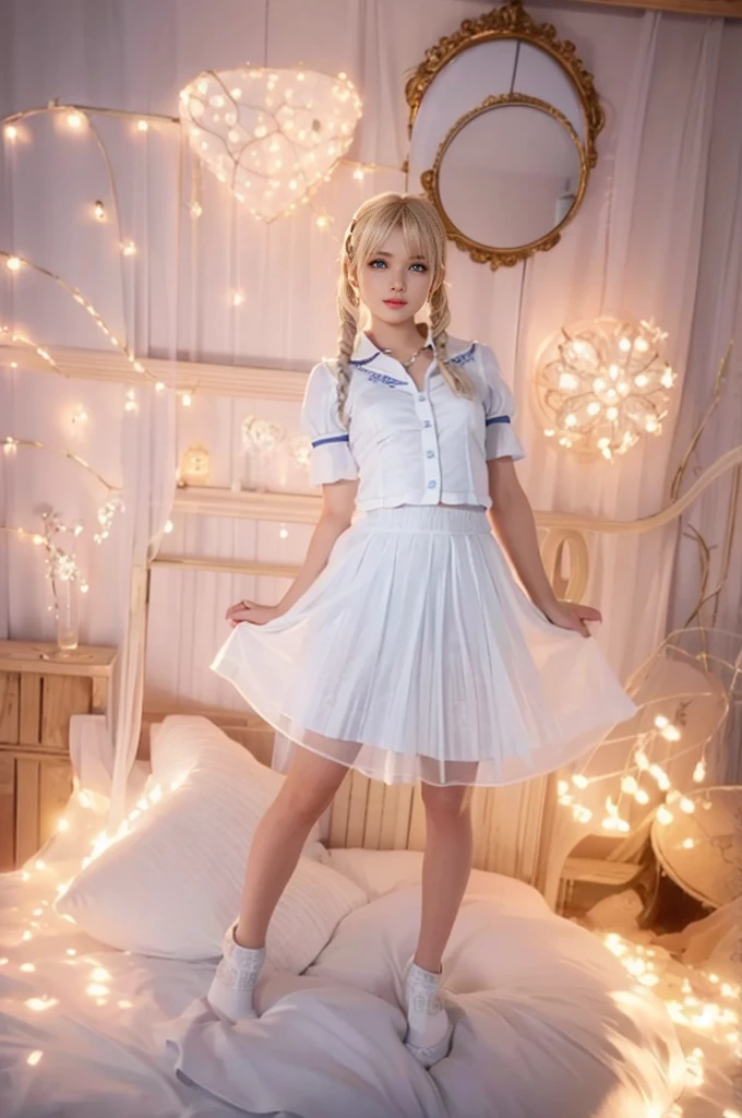 Marie Rose, light blue eyes, (best quality, ultra-detailed), (realistic:1.37), beautiful and detailed face, ultra-realistic texture, delicate face, delicate body, red lipstick, bright colors. High definition, 8k.