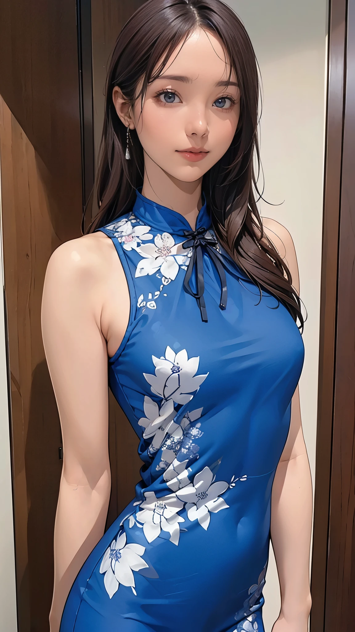 (masterpiece:1.2, highest quality), (Realistic, photoRealistic:1.4), Beautiful illustrations, (Natural Side Lighting, Cinema Lighting), Written boundary depth, Beautiful thighs staring at the viewer, (Face Focus, Upper Body), 1 female，20-year-old，alone，（With background：Hotel Rooms） , thin, slender, long, Straight Hair, Bun Hair, Forehead, thin, slender, Small , Sleeveless blue floral cheongsam, Earrings, Are standing