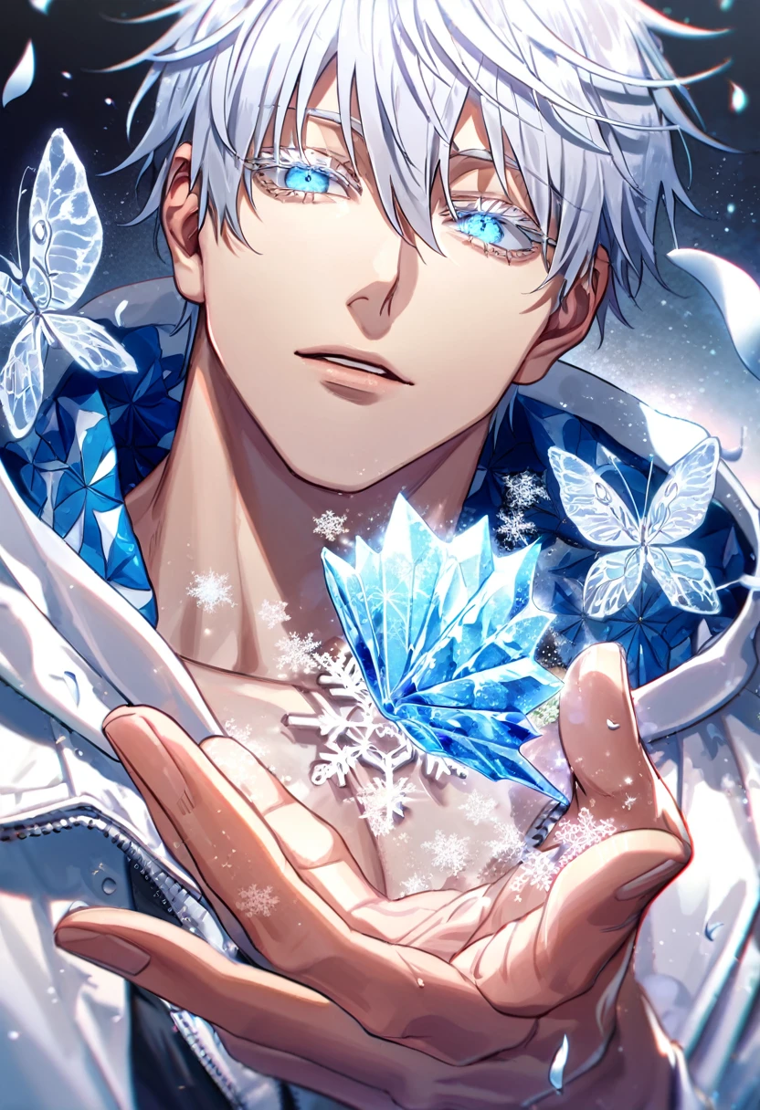 Ultra detailed, Highres, absurdres, HDR, Gojo Satoru, white hair with bangs, expressive blue eyes, hair between the eyes, white eyelashes, white coat with patterns with a hoddie, Jujutsu Kaisen, white flowers, winter, ice, snowflakes, petals, handsome, sexy man, solo, very detailed eyes and face, ice butterflies, master piece, toned chest, glittering, fantasy,