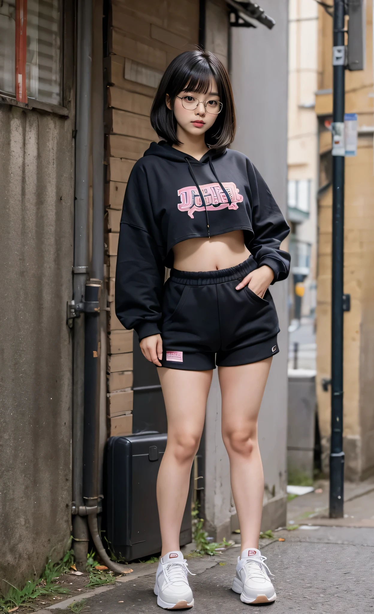 detailed_background, realistic, full body, 1girl, eye glasses, blushes, dark alley, black hair, straight bob hair, bangs, cleavage, big bust, small waist, bare legs, thighs, thicc_thights, knees, sneakers, crop top hoodie,