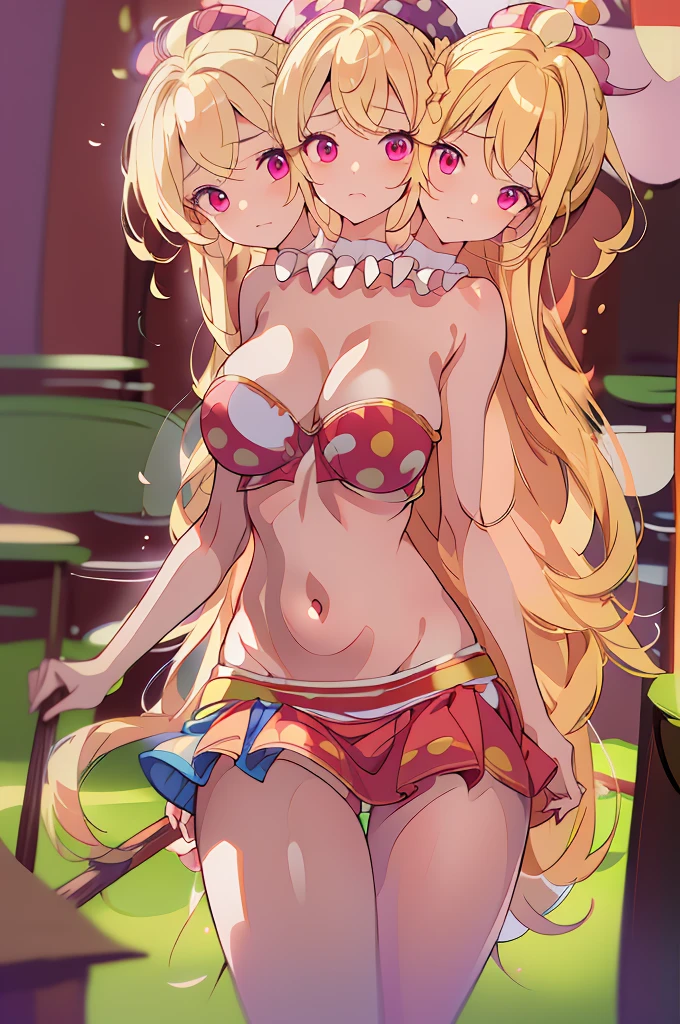 (masterpiece, best quality), best quality, (ultra-detailed), (3heads:1.5), 1girl, (ultra-detailed), (3heads:1.5), 1girl, (clownpiece:1.3), masterpiece, best quality, ultra quality, ultra resolution, ultra detail, red and blue top, crop top, ((stomach)), midriff, ((groin)), red and blue skirt, normal ears, shackles, blonde hair, very long hair, wavy hair, sidelocks, pink eyes, parted lips, blonde, sweat, cute, toned belly, hand on own chest, eyelashes, (24 year old woman:1.3), (masterpiece:1.5), (best quality:1.5), (beautiful detailed), extremely detailed CG, extremely delicate and beautiful, depth of field, (finely detailed face), (perfect details:1.2), (mature female:1.3), wide pelvis, slender, large veiny breast, 16k resolution, highres, very high quality, very high definition, extremely detailed, masterpiece, blonde hair, long hair, alluring presence, braid, short skirt, close up, big tits, young, purple, polka-dotted jester's hat, fairy wings, torch, nsfw, open belly,
