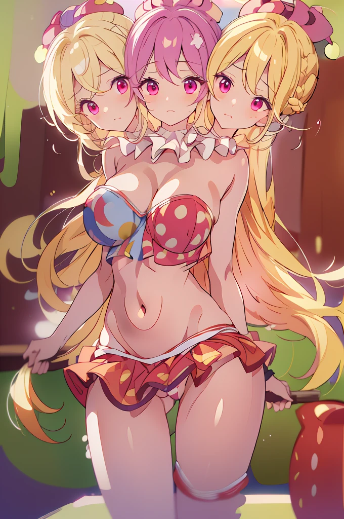 (masterpiece, best quality), best quality, (ultra-detailed), (3heads:1.5), 1girl, (ultra-detailed), (3heads:1.5), 1girl, (clownpiece:1.3), masterpiece, best quality, ultra quality, ultra resolution, ultra detail, red and blue top, crop top, ((stomach)), midriff, ((groin)), red and blue skirt, normal ears, shackles, blonde hair, very long hair, wavy hair, sidelocks, pink eyes, parted lips, blonde, sweat, cute, toned belly, hand on own chest, eyelashes, (24 year old woman:1.3), (masterpiece:1.5), (best quality:1.5), (beautiful detailed), extremely detailed CG, extremely delicate and beautiful, depth of field, (finely detailed face), (perfect details:1.2), (mature female:1.3), wide pelvis, slender, large veiny breast, 16k resolution, highres, very high quality, very high definition, extremely detailed, masterpiece, blonde hair, long hair, alluring presence, braid, short skirt, close up, big tits, young, purple, polka-dotted jester's hat, fairy wings, torch, nsfw, open belly,
