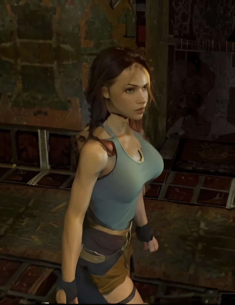 Close-up of a person standing in a room with a rug, Lara Croft, Tomb Raider setting, portrait of Lara Croft, muscular sweat Lara Croft, Tomb Raider, Lara Croft medieval, Old 3D graphics, Lara Croft eating durian, Lara Croft relaxing, PS2 screenshot, Video game avatar, upper body avatar, Video game character, Lara Croft as spiderwoman