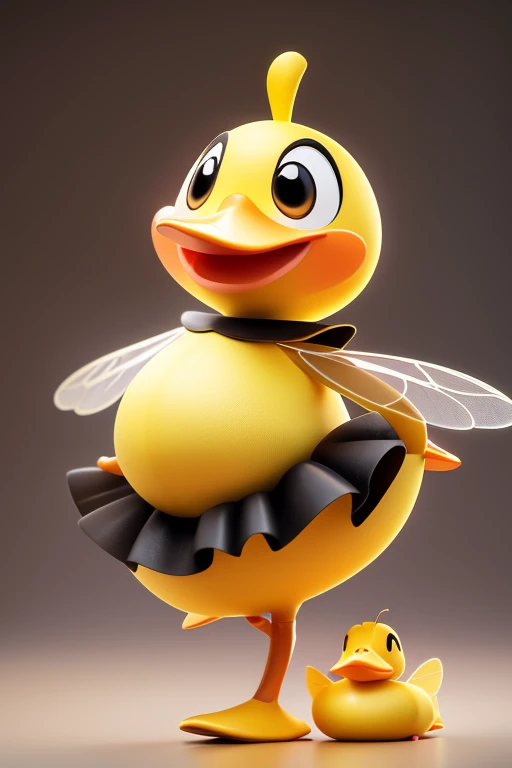 create an image of a beautiful and happy  duck dressed as a bee with a skirt and with lines in black and yellow colors in Pixar format. put the name: "Patytos de Layme" in 3D