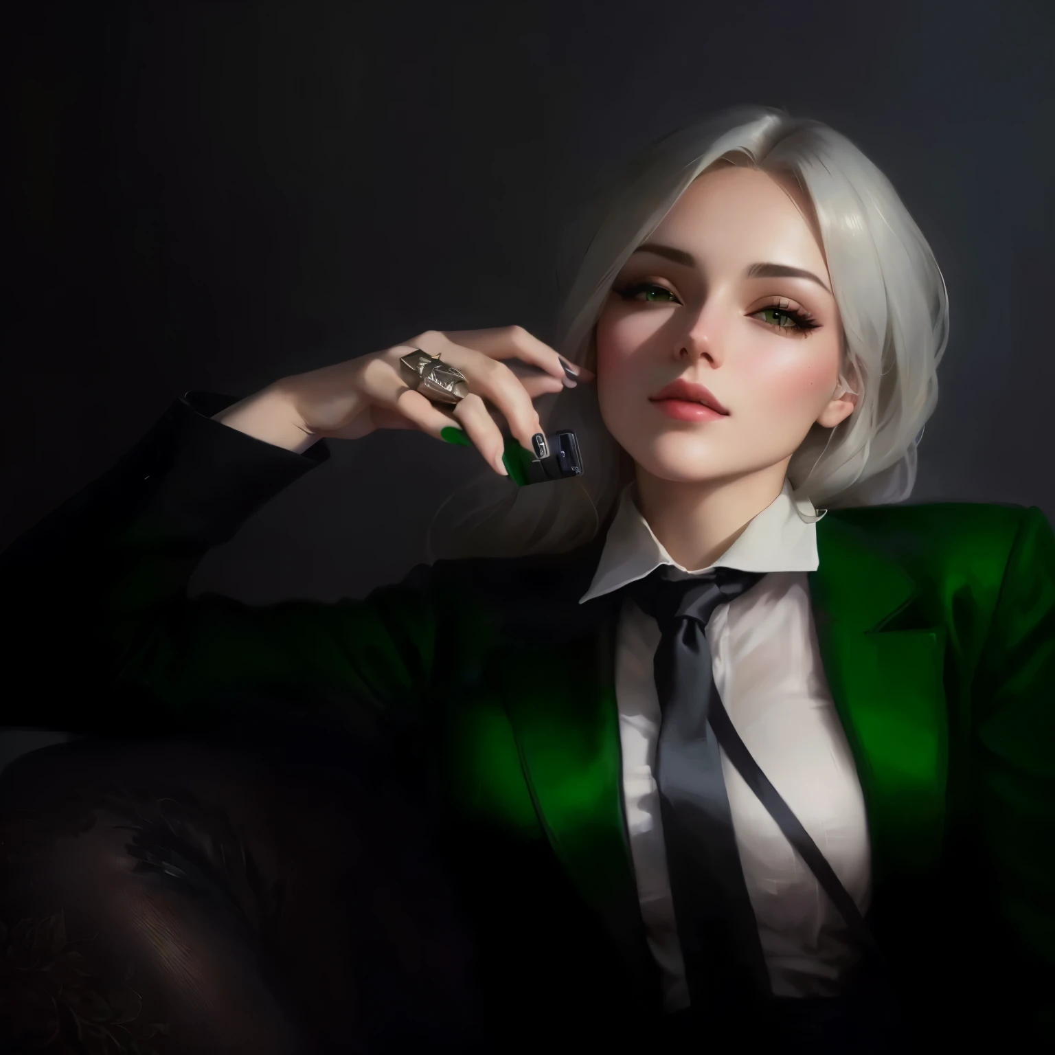 There is a woman in a green jacket and tie holding a cell phone, digital art of an elegant, realistic art style, in bowater art style, estilo de realismo anime, hecho con estudio de pintor anime, realistic anime art style, retrato de alta calidad, realism artistic style, pintura digital elegante, chica perfecta de pelo blanco, [ arte digital 4k ]!!