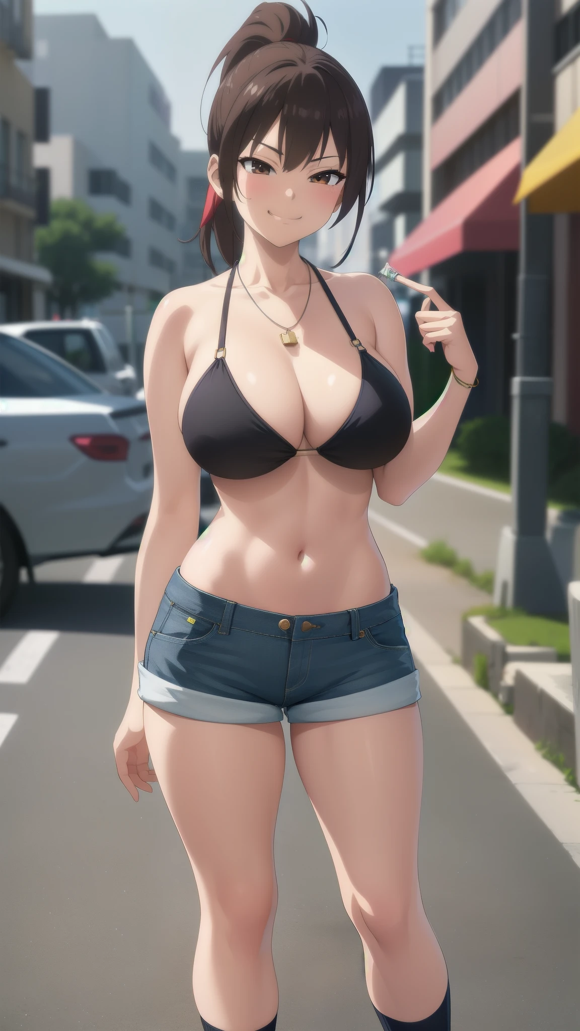 (best quality:1.5, highres, UHD, 4K, detailed lighting, shaders, HDR, hand depiction, anime style), brown ponytail, large breasts, black bikini, jean shorts, necklace, high socks, smug face, standing, sexy, street background, close shot
