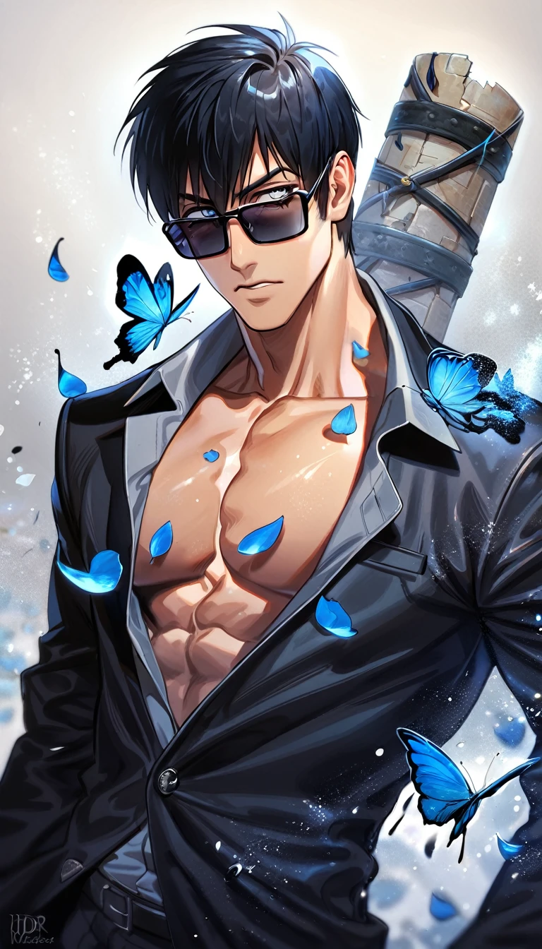 absurdres, highres, ultra detailed, HDR, master piece, best quality, Nicholas D. Wolfwood, black hair, expressive gray eyes, black sunglasses, Trigun, solo, sexy man, handsome, toned chest, gray shirt, black coat, blue butterflies, blue petals, blue flowers, magical, fantasy