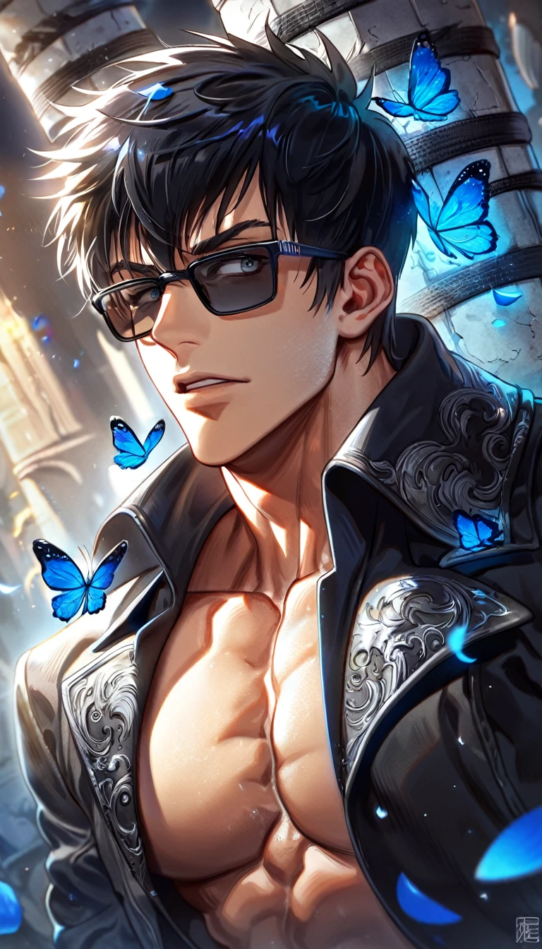 absurdres, highres, ultra detailed, HDR, master piece, best quality, Nicholas D. Wolfwood, black hair, expressive gray eyes, black sunglasses, Trigun, solo, sexy man, handsome, toned chest, gray shirt, black coat, blue butterflies, blue petals, blue flowers, magical, fantasy