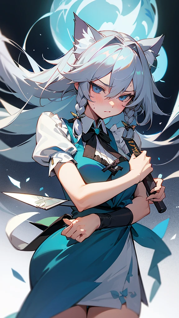 highest quality Neutral face woman I have long hair Odd Eye one person Gray Hair Sakuya Izayoi beautiful girl Cat ear kind Embarrassed Miko costume Silver knife