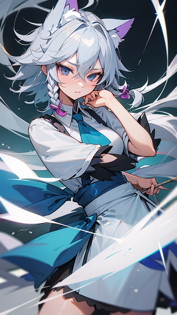 highest quality Neutral face woman I have long hair Odd Eye one person Gray Hair Sakuya Izayoi beautiful girl Cat ear kind Embarrassed Miko costume Silver knife