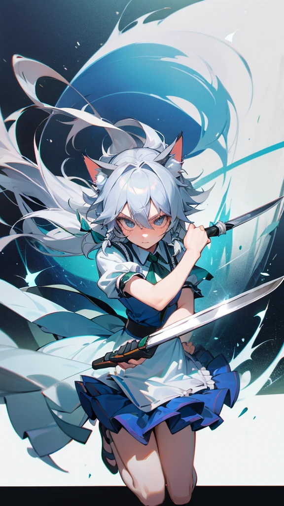 highest quality　Neutral face　woman　I have long hair　Odd Eye　one person　Gray Hair　Sakuya Izayoi　beautiful girl　Cat ear　kind　Embarrassed　Miko costume　Silver knife