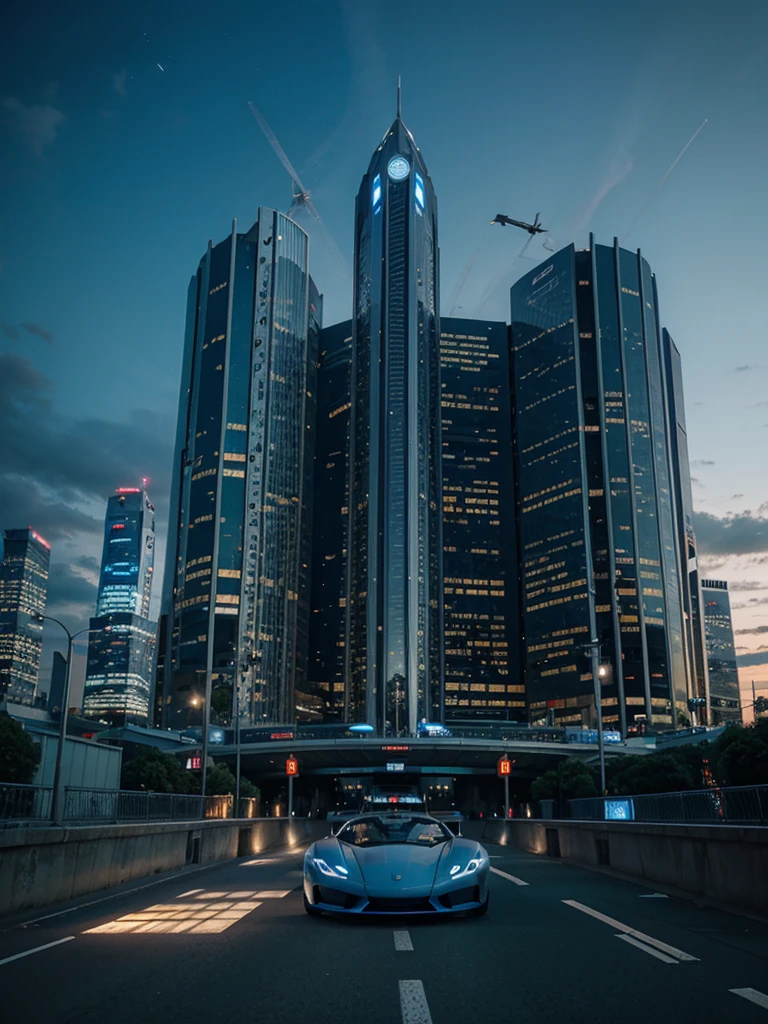 Future, giant buildings, blue lights, beautiful future, fly cars, years 2050